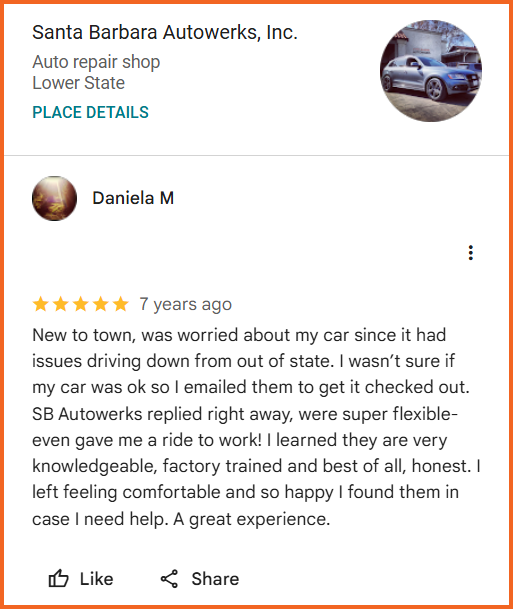 Review of Santa Barbara Autowerks, Inc. By Daniela M